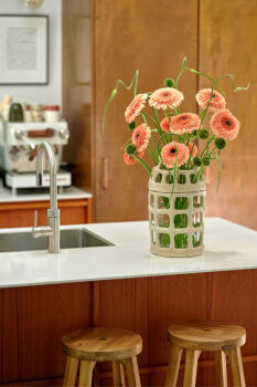 Imagen de ambiente de Gerbera Pomponi® Peach Ball en un jarrón en una cocina moderna.