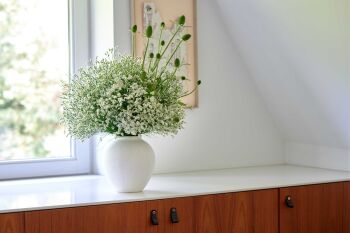 Sfeerfoto van Limonium Diamond™ Zenith Diamond van HilverdaFlorist. Een witte Limonium met gele accenten en lange stelen.