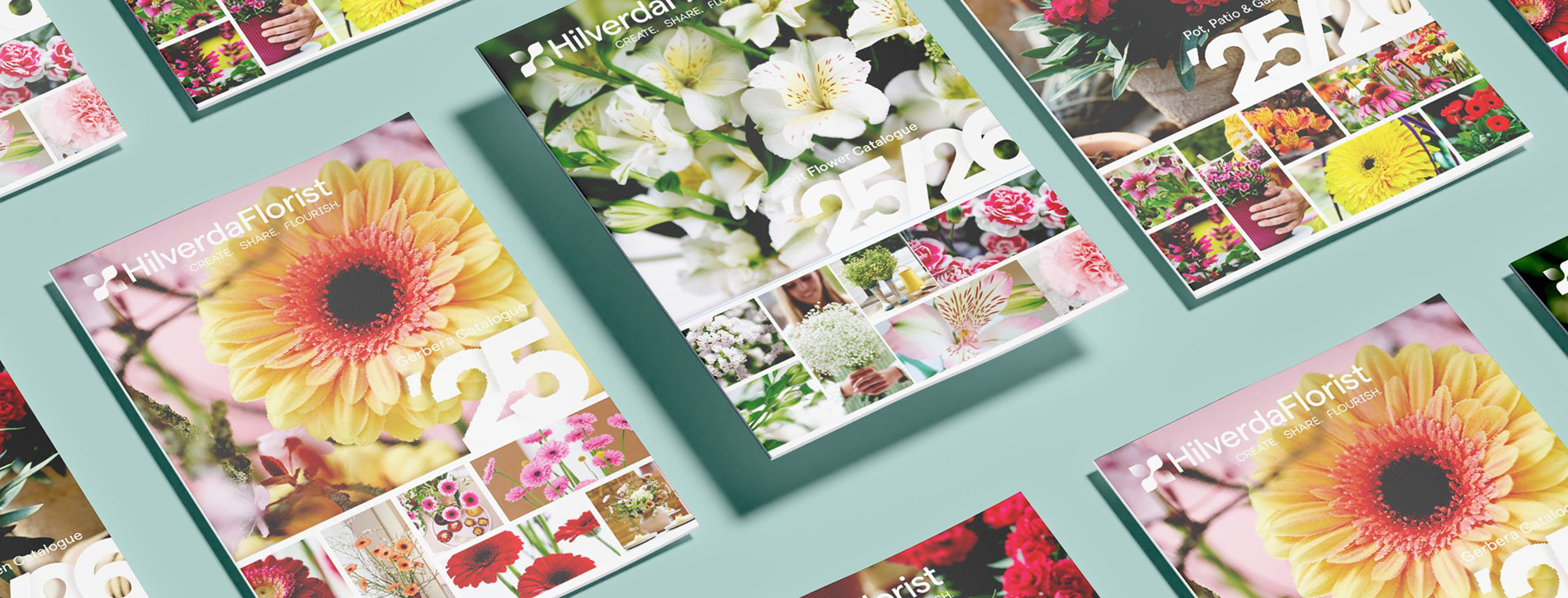HilverdaFlorist catalogues through the years on a green background